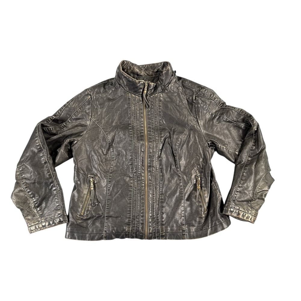 A.N.A Faux Leather Jacket Womens XL Black Motorcycle Zip Up Pockets Gold Trim‎